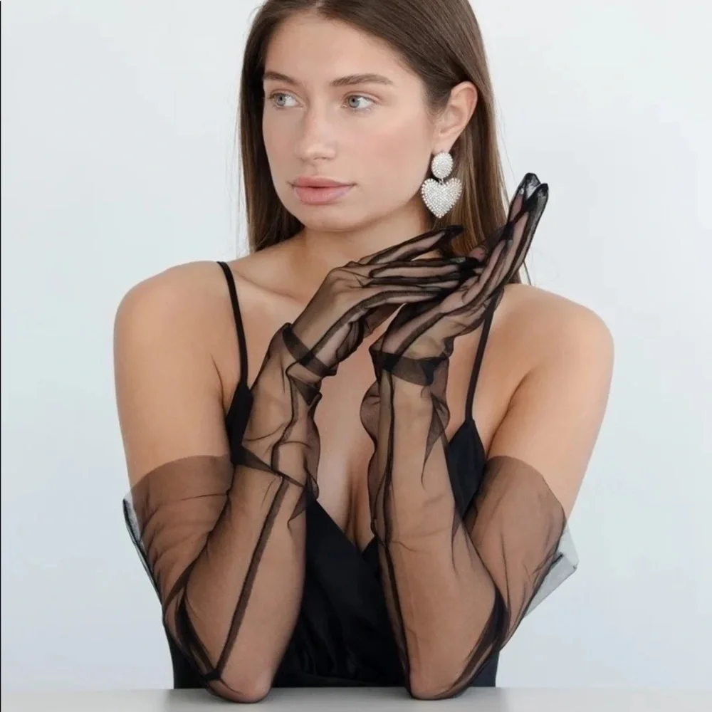 2PAIRS Mesh Kink Long Tulle Crumbling Taffeta Black High Gloves Transparent